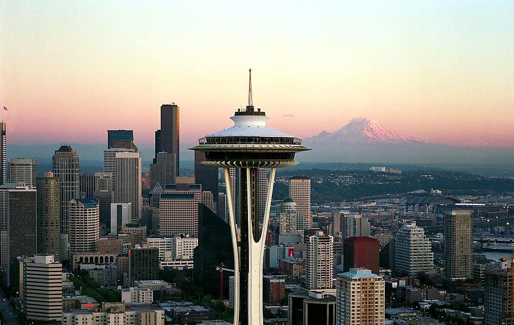 Space Needle with skyline and Mount Rainier at sunset, 2000