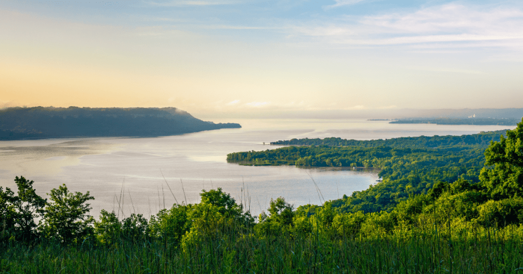 A view of Lake Pepin as the sun slowly sets on a summer day in Minnesota.
