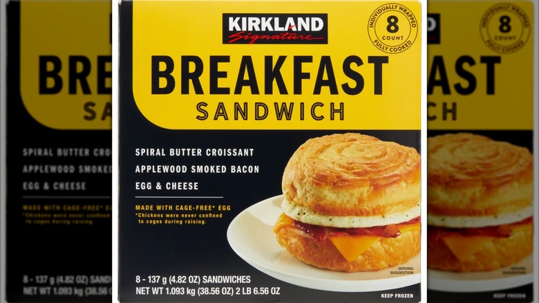 Yellow and black box of frozen Kirkland Signature Breakfast Sandwiches