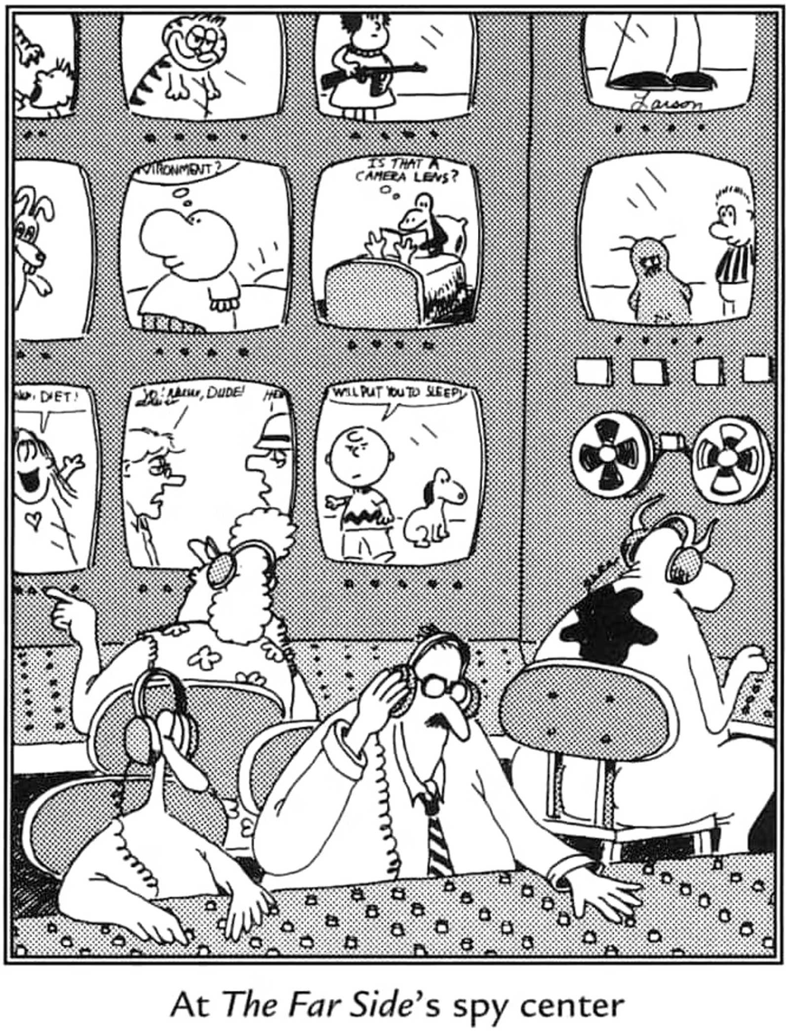 The Far Side spy center shows a woman, a cow, and a duck spying on other comic strips.