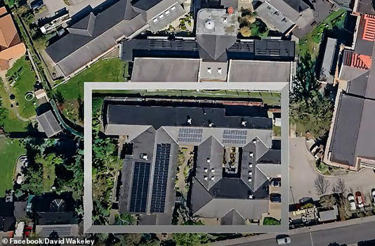 An aerial shot of the hospital ward that was destroyed in the fire had four rows of solar panels on the building