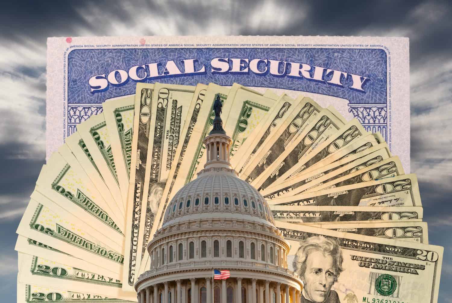 A composite image showing the dome of the U.S. Capitol Building in the foreground, partially obscuring a fan of U.S. twenty-dollar bills. Behind the money, a blue and white Social Security document is visible, with the words 'SOCIAL SECURITY' prominently displayed. The background is a dark, cloudy sky.
