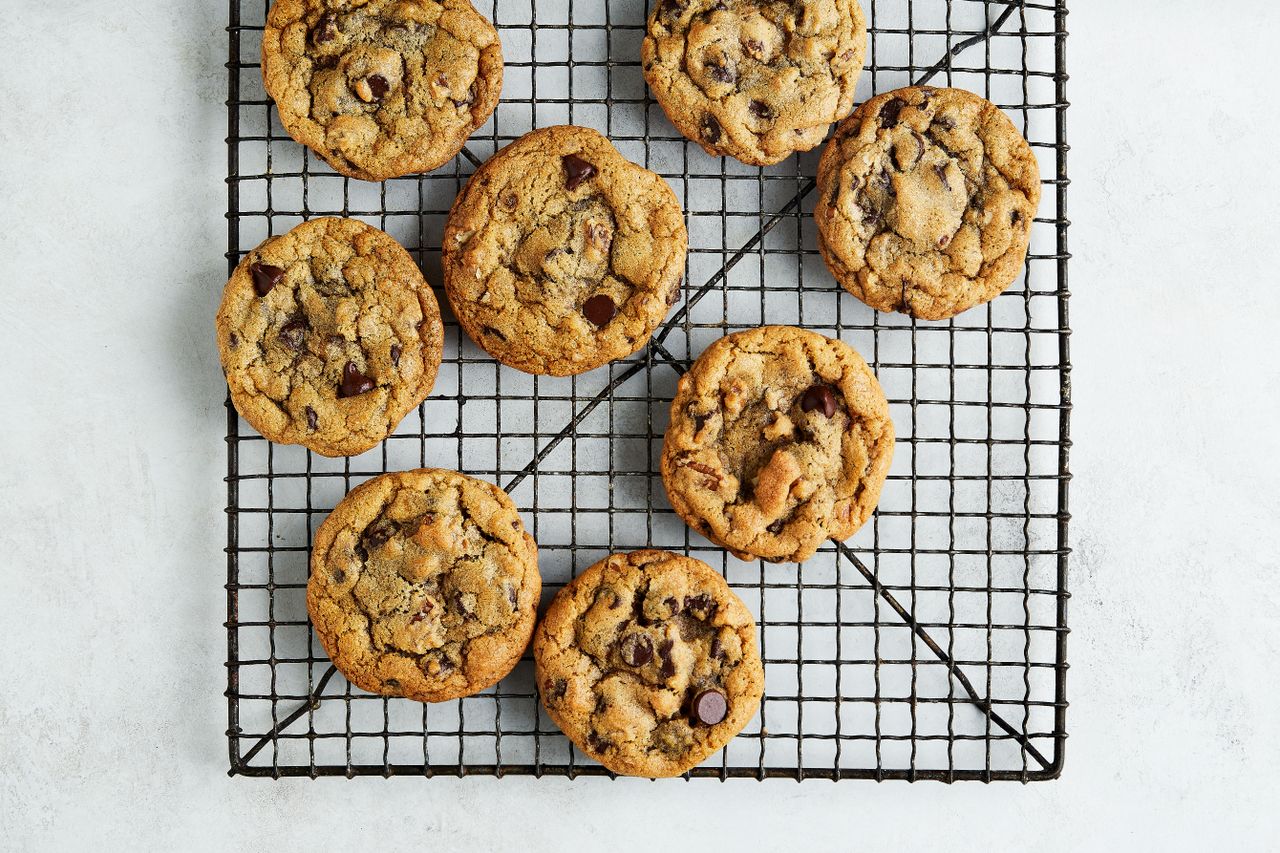 brown butter chocolate chip cookies cooling on rack