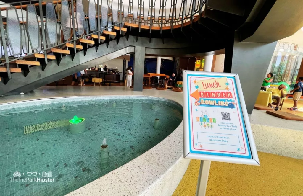 Galaxy Bowl Sign at Cabana Bay Beach Resort Hotel at Universal Orlando. Keep reading discover more about Halloween Horror Nights hotels.