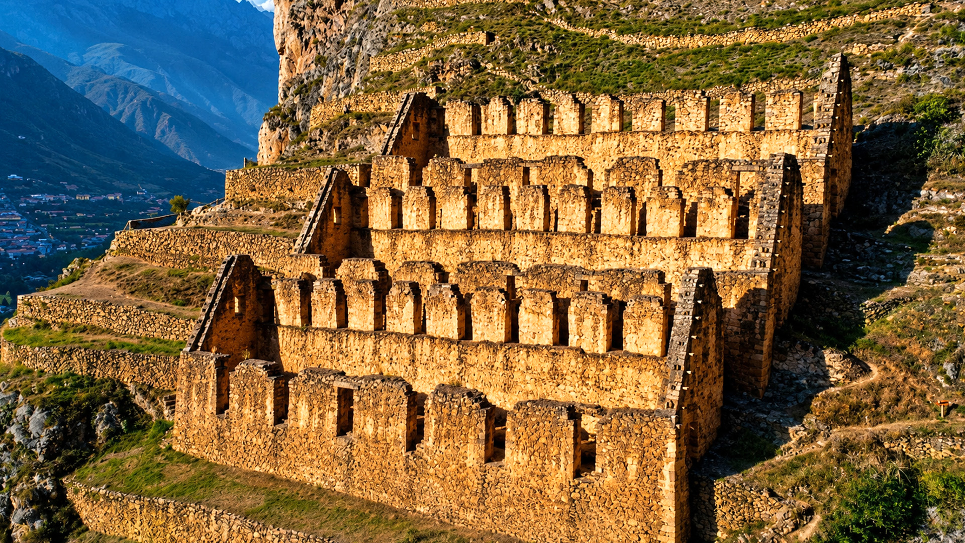 Ancient Inca ruins standing on Ollantaytambo’s mountain slopes