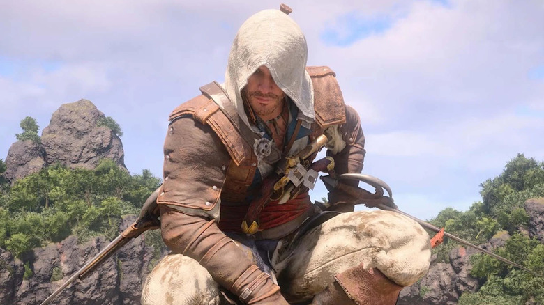 Edward Kenway looks down while kneeling in Assassin's Creed Black Flag Resynced