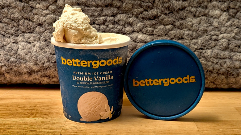 A pint of Walmart's Bettergoods brand Double Vanilla flavored premium ice cream