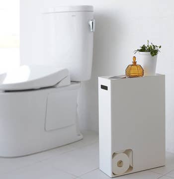 Minimalist bathroom with a modern white toilet, compact storage unit holding toilet paper, and small decorative plants on top
