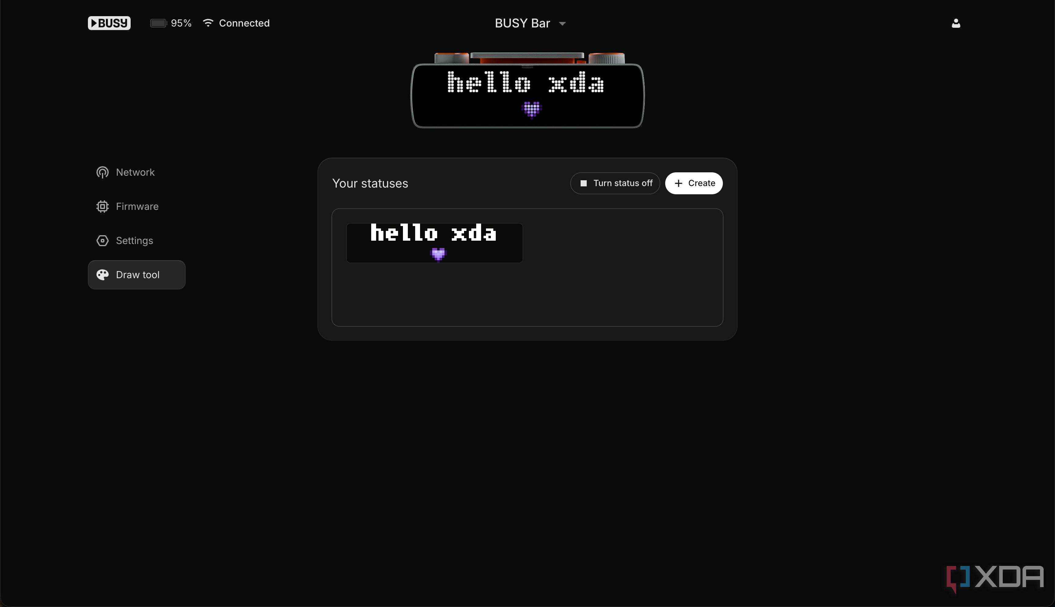 A saved drawn image on the Busy Bar, where the image says "hello xda" with a purple heart