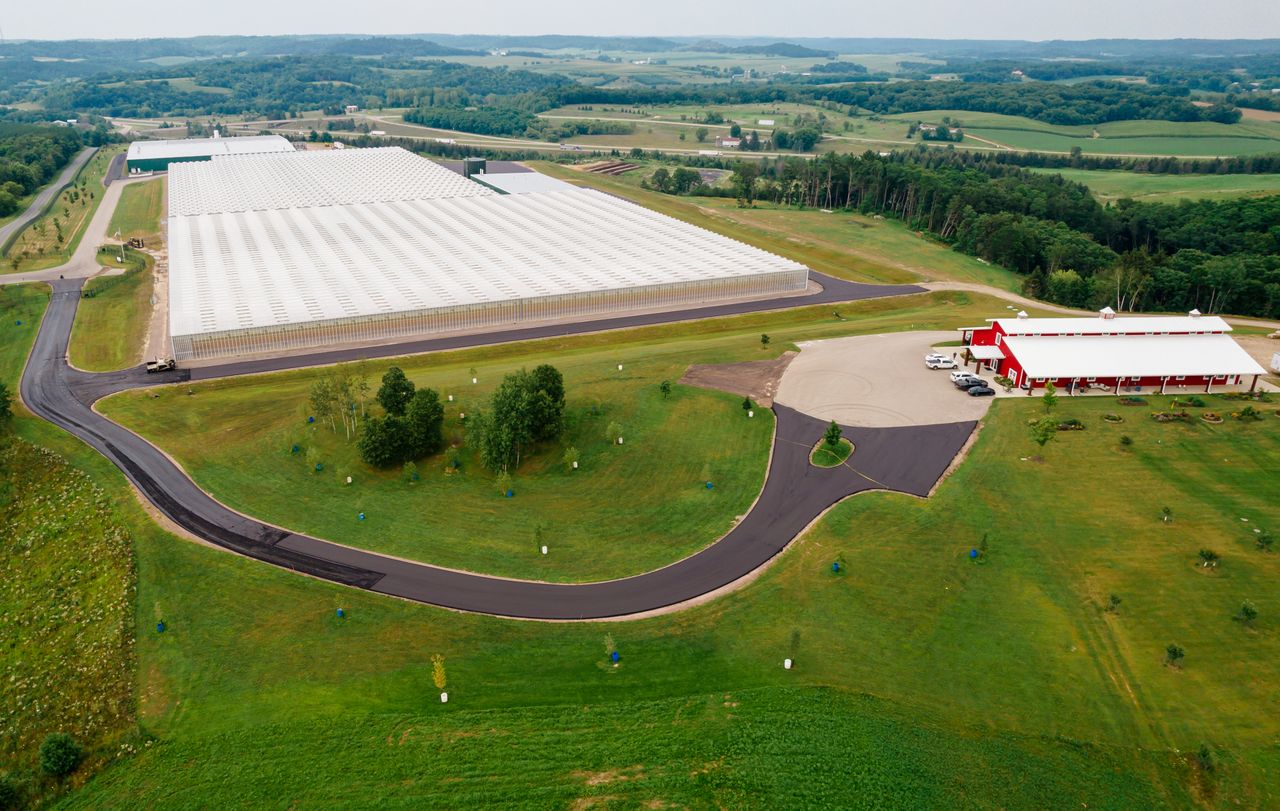 an exterior shot of the salmon farm