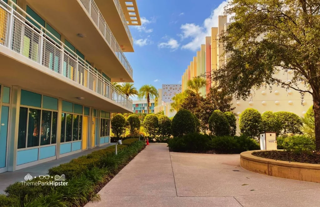 Exterior of colourful hotel rooms and balconies at Cabana Bay Beach Resort Hotel at Universal Orlando. Keep reading if you want to know more about the best hotels near Halloween Horror Nights.