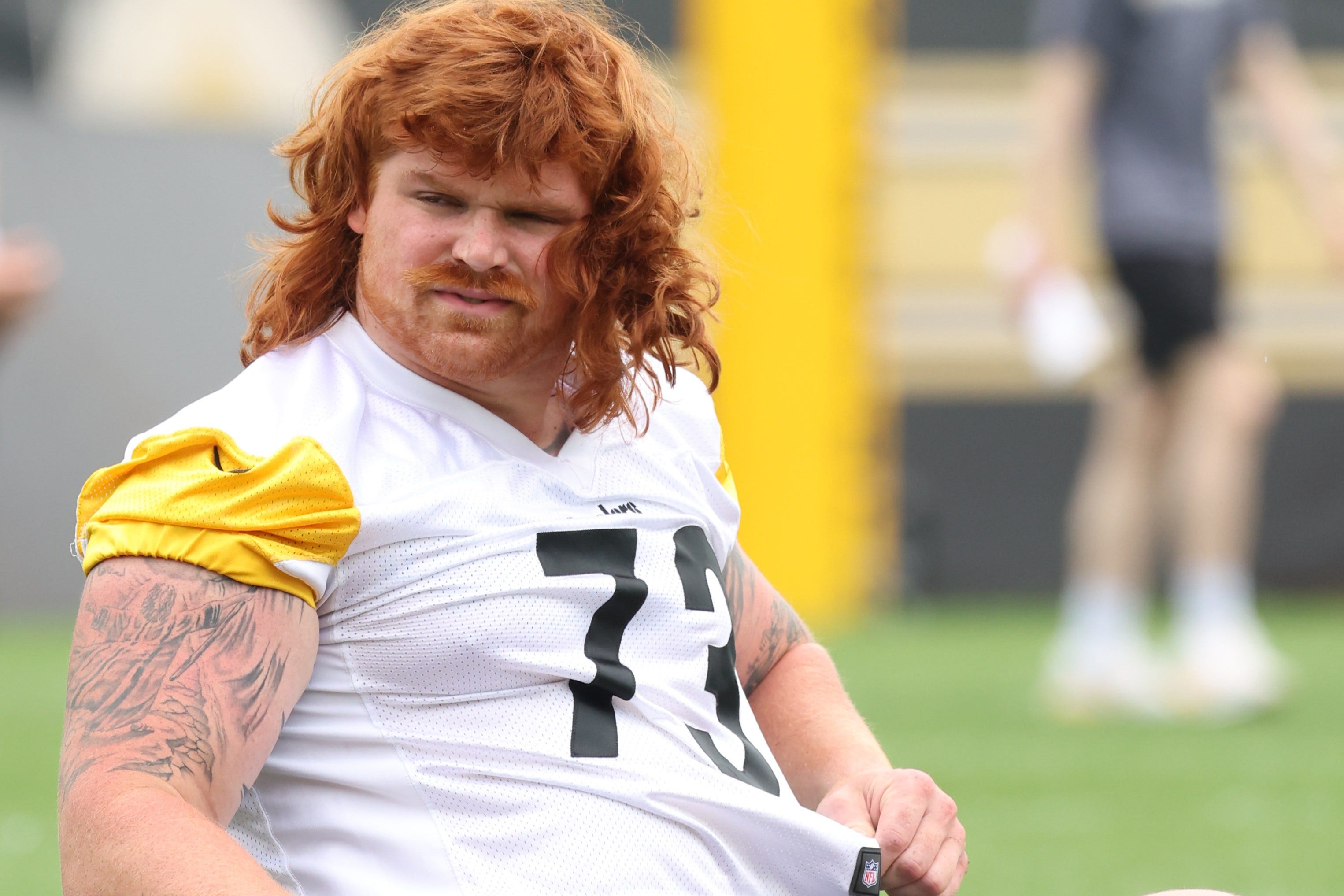 Jun 9, 2026; Pittsburgh, PA, USA; Pittsburgh Steelers offensive guard Gennings Dunker (73) participates in drills during Minicamp at UPMC Rooney Sports Complex. Mandatory Credit: Charles LeClaire-Imagn Images
