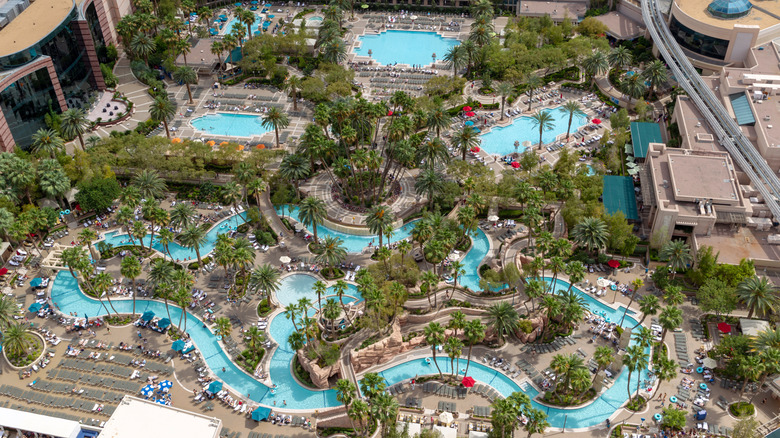 Aerial view of the MGM Resort pools and lazy river in Las Vegas