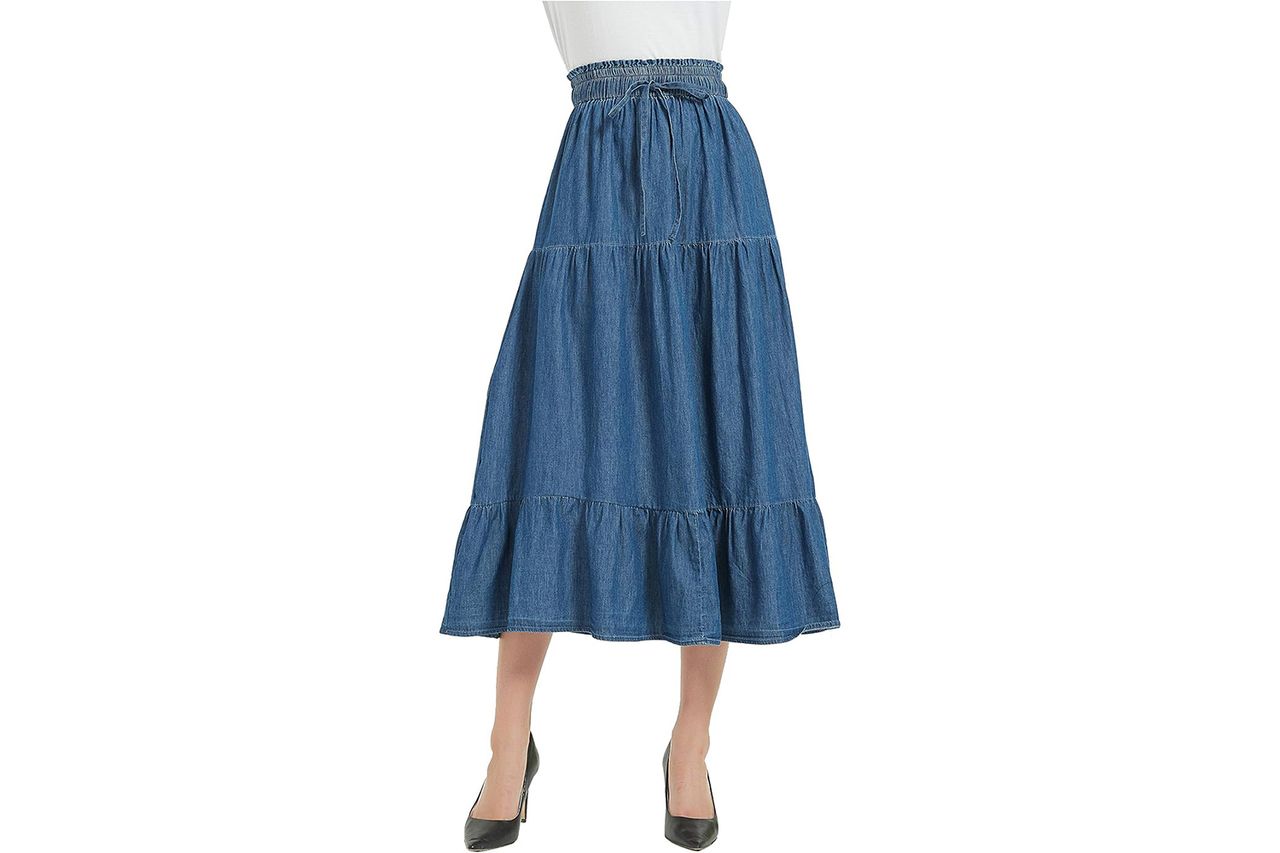 Tronjori A Line Long Midi Denim Skirt