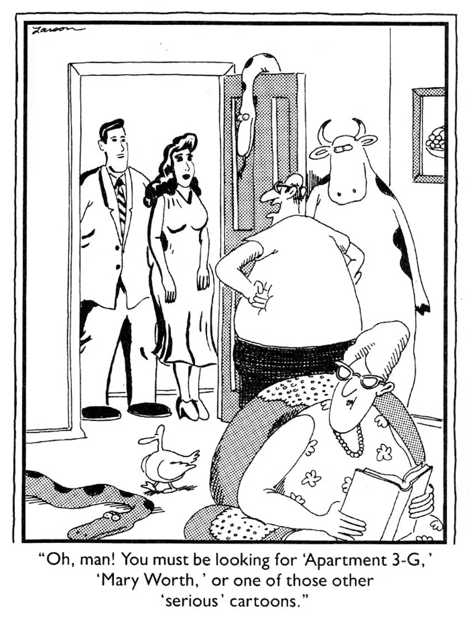 The Far Side character directs two other characters to look for Mary Worth or other serious cartoons.