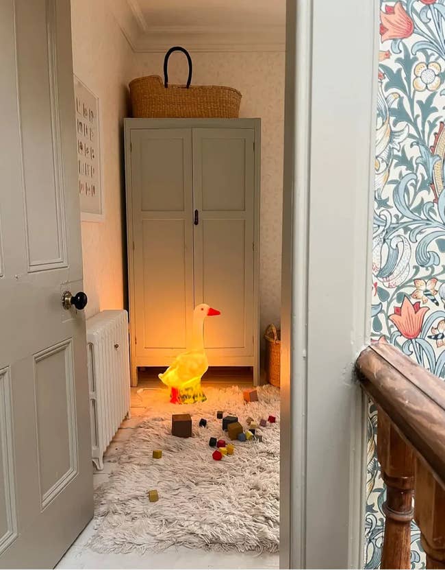 Cozy hallway with a duck-shaped lamp on a fluffy rug, surrounded by scattered children's toys, creating a playful and inviting atmosphere