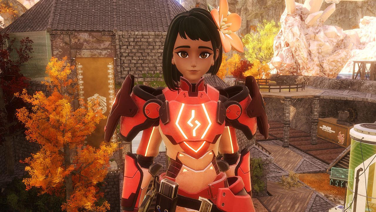 A Palworld trainer wearing endgame heat resistance gear standing in front of her base.