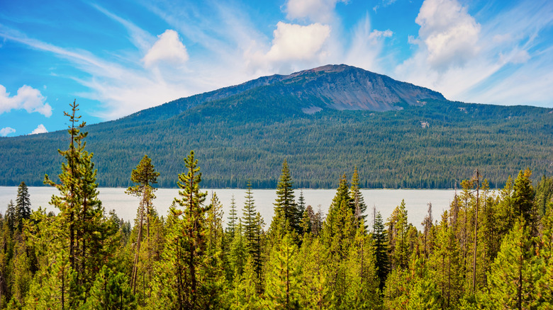 Mount Bailey and Diamond Lake in the Cascade Range, Oregon, USA on a sunny day