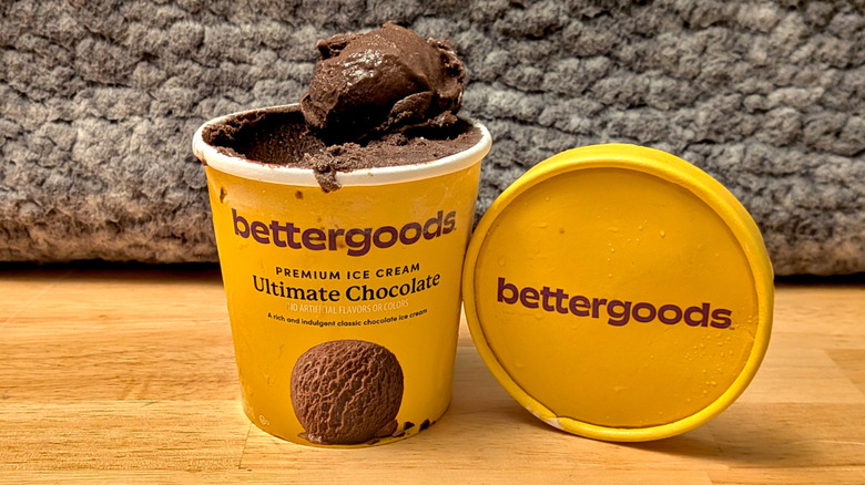 A pint of Walmart's Bettergoods brand Ultimate Chocolate flavored premium ice cream