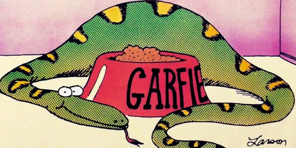 A snake eats Garfield in The Far Side.