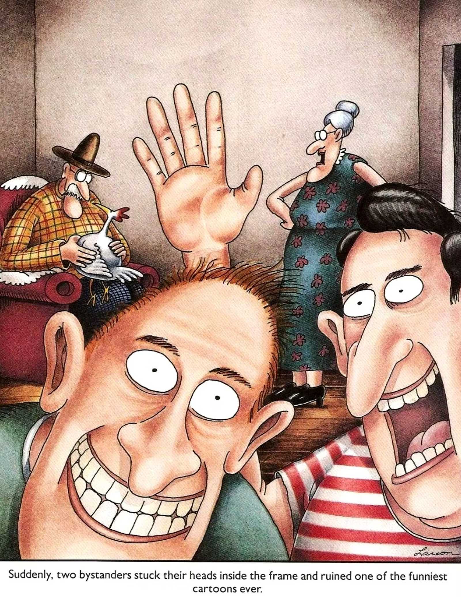 The Far Side comic shows a perfect joke that got ruined.