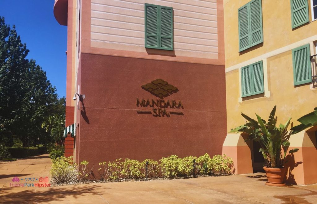 Entrance and Sign of Mandara Spa Universal Orlando Portofino Bay Resort. Keep reading if you want to learn more about HHN hotels.