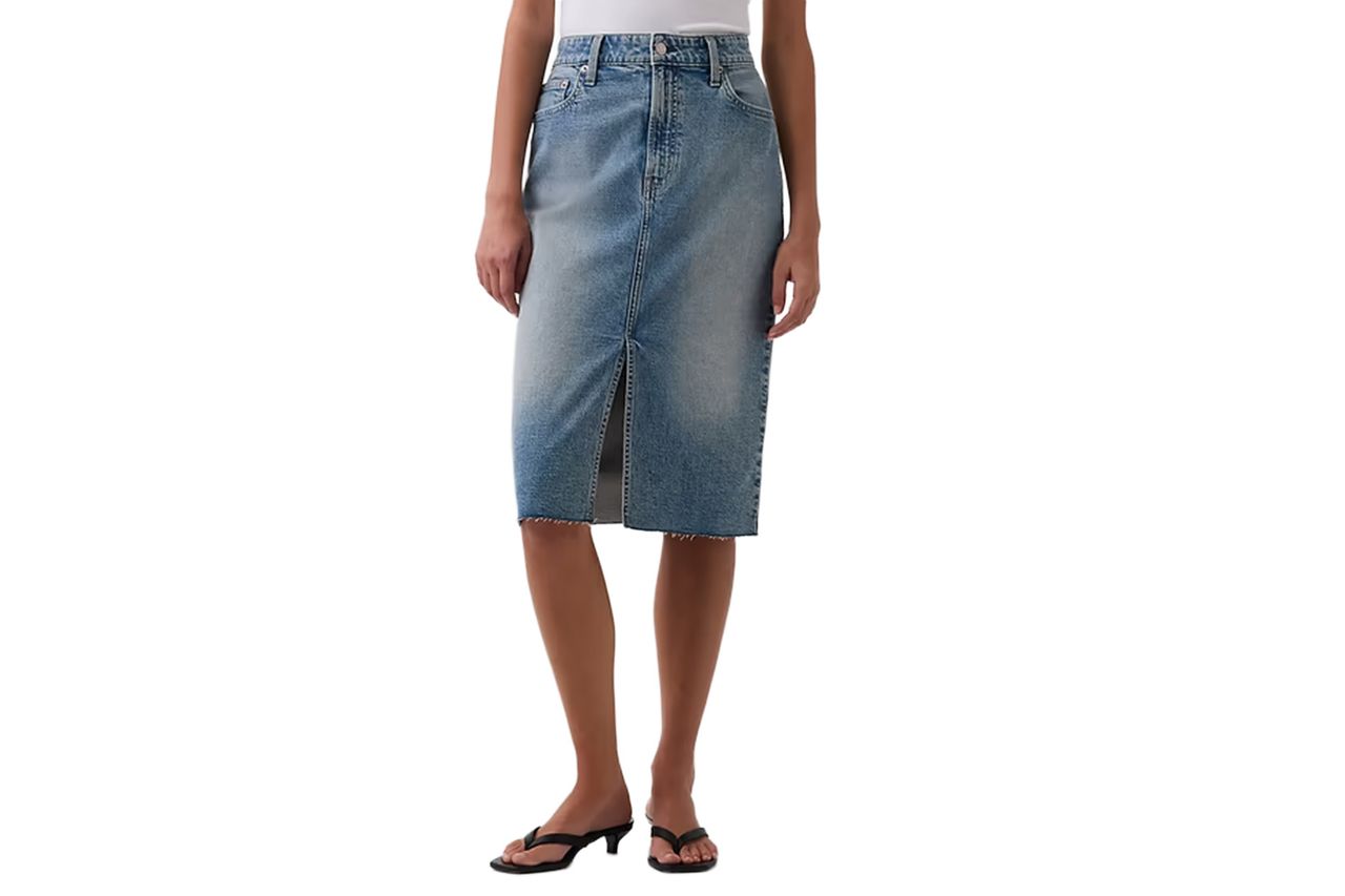 GAP High Rise Denim Midi Pencil Skirt