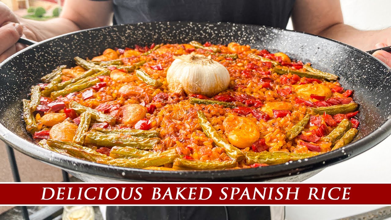 Flavorful Spanish baked rice with Mediterranean vegetables