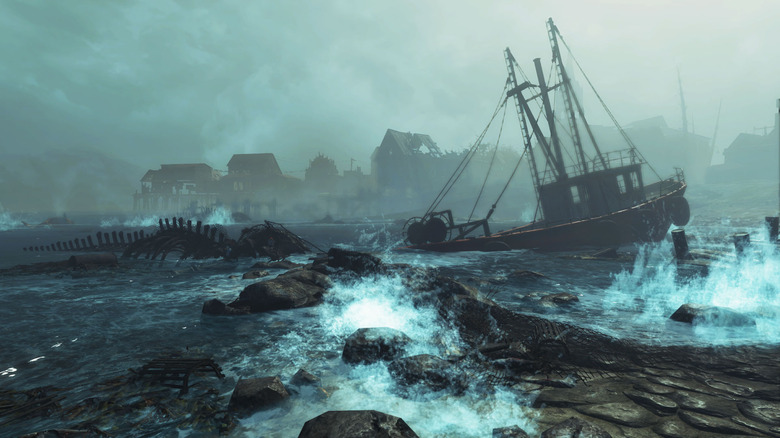 A ship approaches docks by a rocky coast in Fallout 4