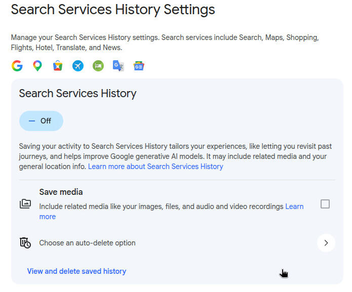 Not only do you want to make sure Search Service History is disabled, but you also want to uncheck the box for Save media.