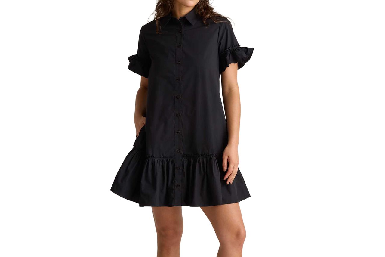 Quince Organic Cotton Poplin Short Sleeve Ruffle Shirt Dress