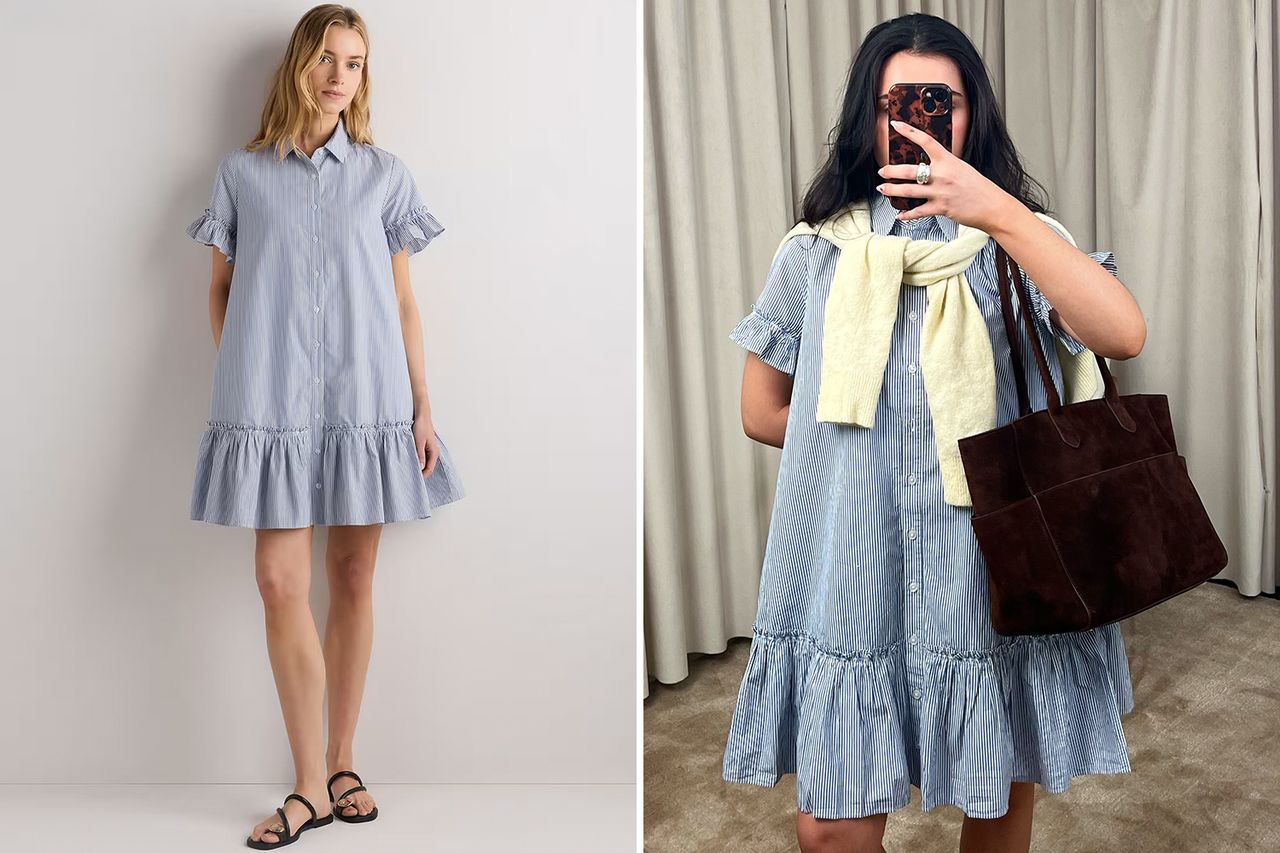 Quince 100% Organic Cotton Poplin Short Sleeve Ruffle Shirt Dress