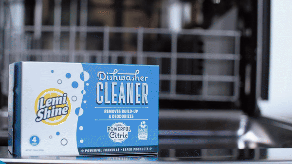 Gif showing the cleaner in action inside a dishwasher, highlighting its ability to remove build-up and deodorize