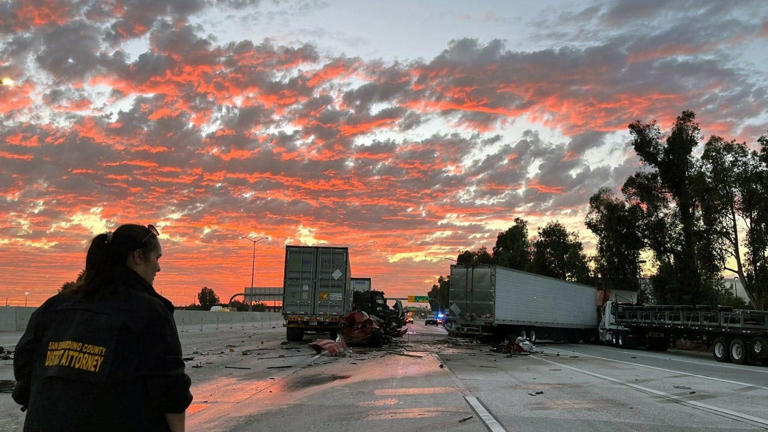 Emergency crews respond after a semitruck crashed into traffic on Interstate 10 in San Bernardino County, California, on October 21, 2025. Associated Press