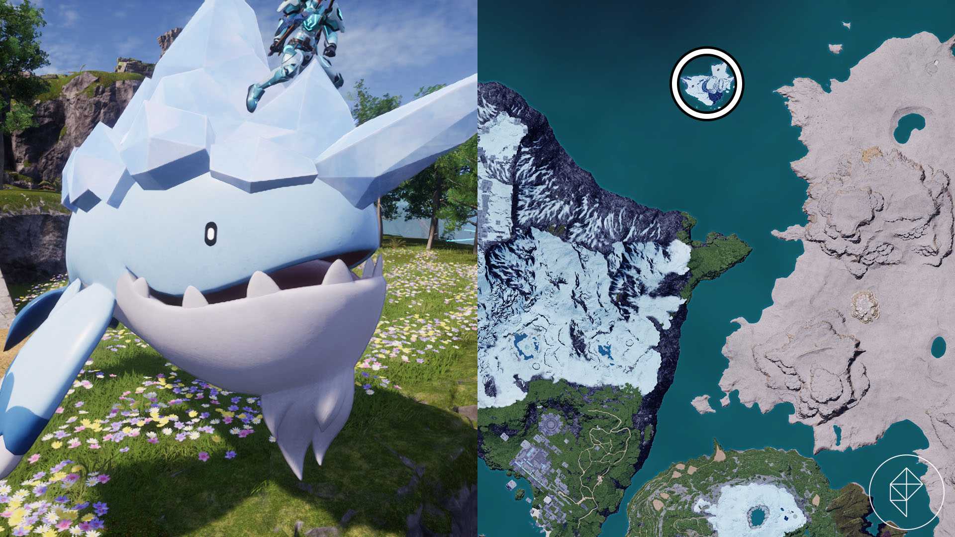 A montage with two Palworld screenshots showing where players can find Whalaskas