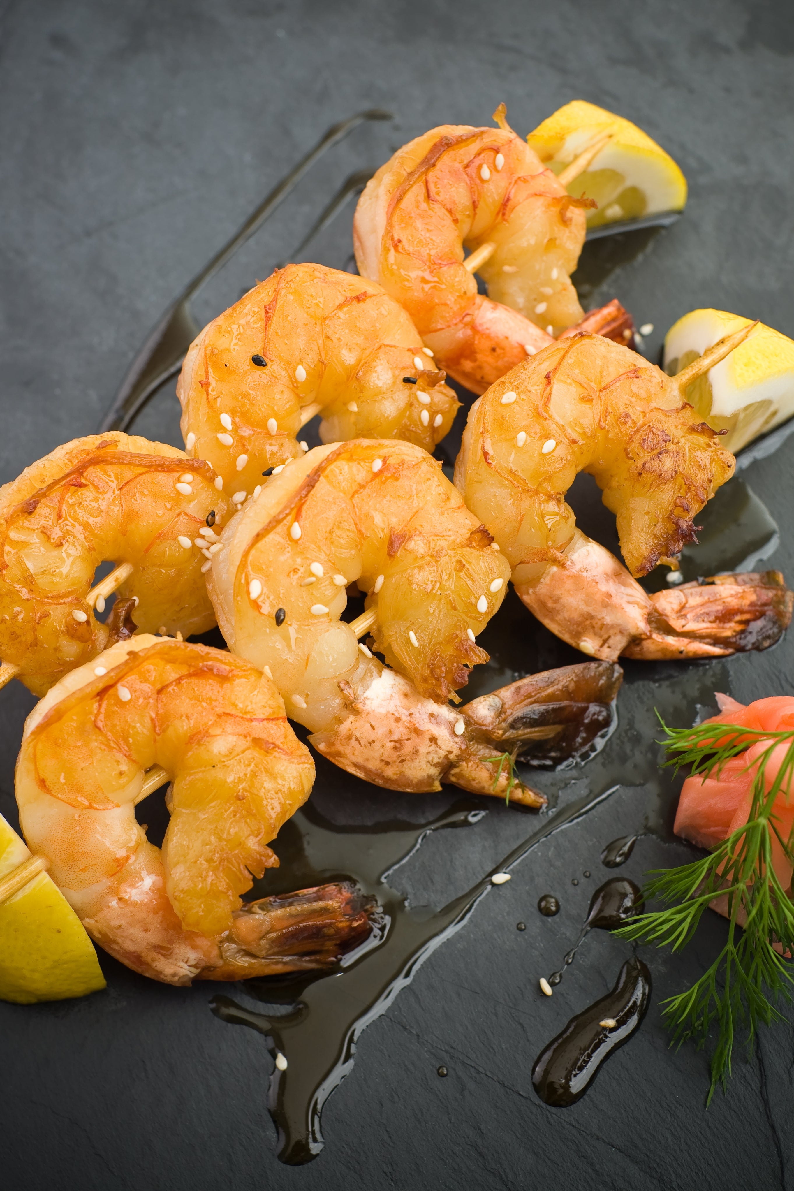 Cooked jumbo shrimp on a skewer