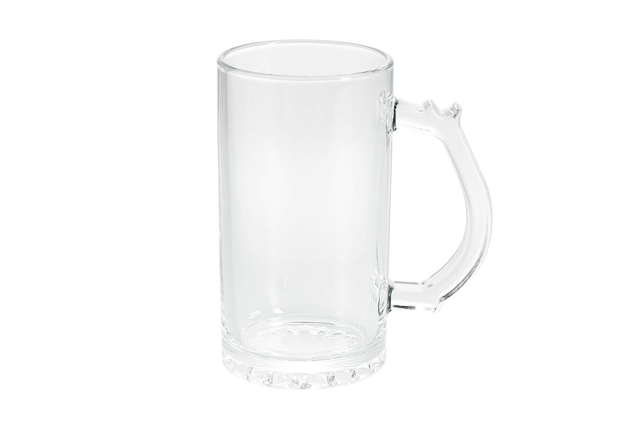 A glass mug with a handle