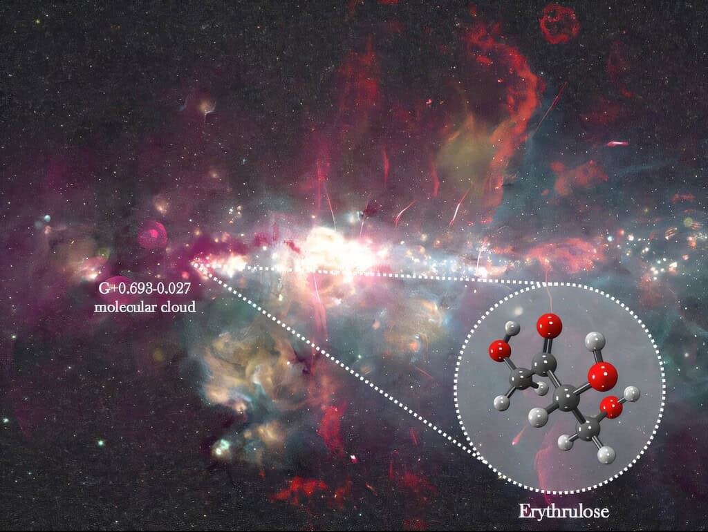 Composite image from the Galactic Center, where signs of erythrulose were spotted. Credit: Ashley Barnes/Izaskun Jiménez-Serra/Juan García de la Concepción