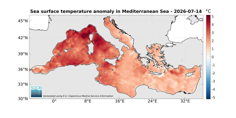 Anomalía de la temperatura superficial en el Mediterráneo para el día 14 de julio. Mapa: SOCIB