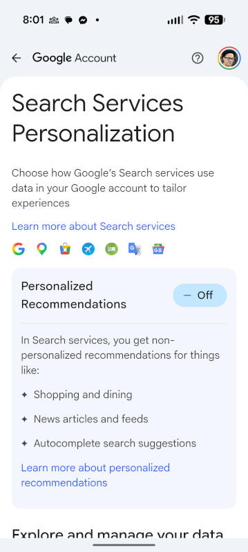 Another service you'll want to turn off is Search Service Personalization.