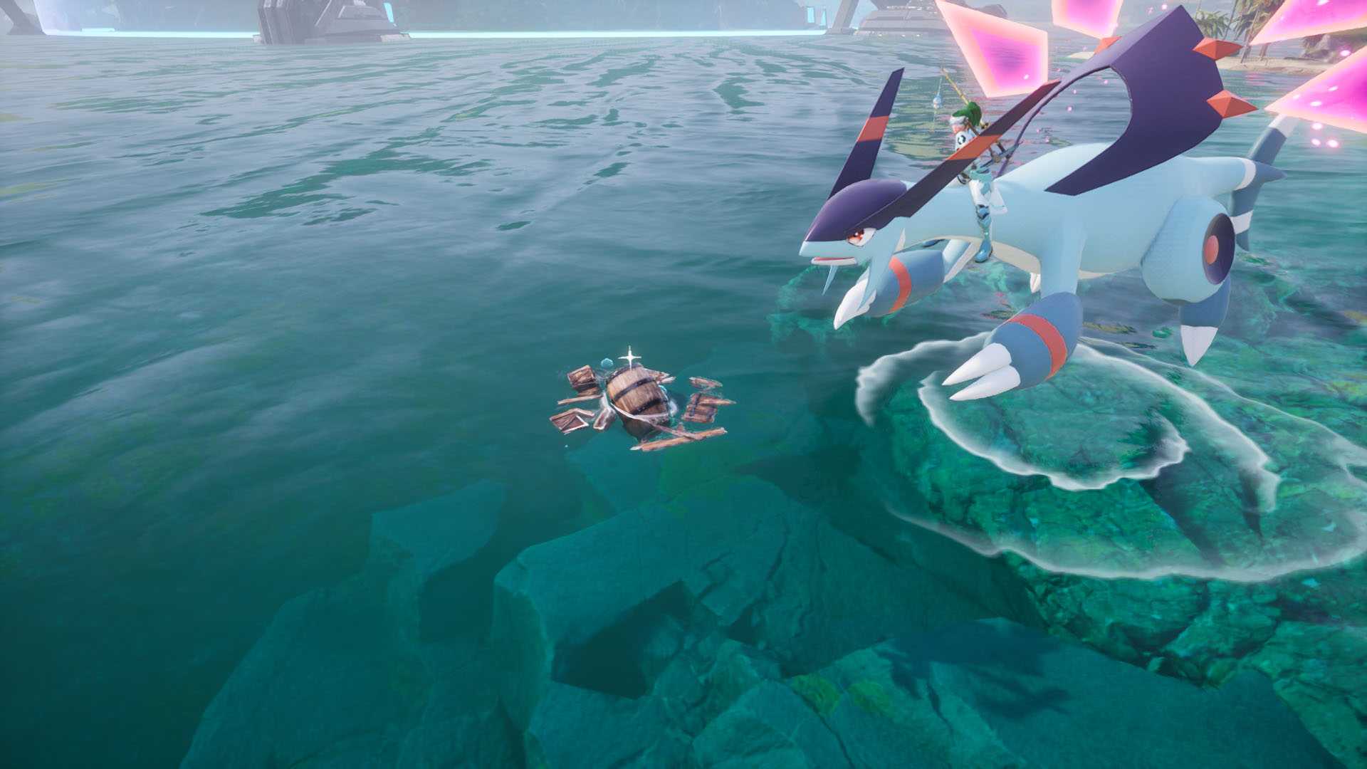 A Palworld screenshot showing a character riding a Jetragon near some debris on the water