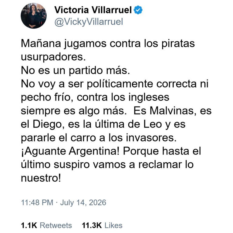 Posteo de Victoria Villarruel sobre el partido Argentina-Inglaterra