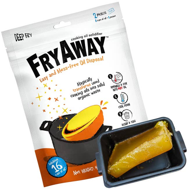 FryAway packaging shows a cooking oil solidifier, promising easy and mess-free disposal. Includes 2 packets, each solidifying up to 16 cups of oil