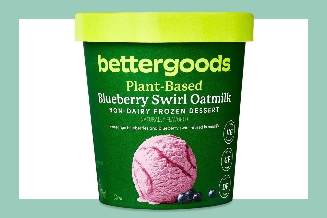 Container of Bettergoods plantbased blueberry swirl oatmilk frozen dessert with product label and branding