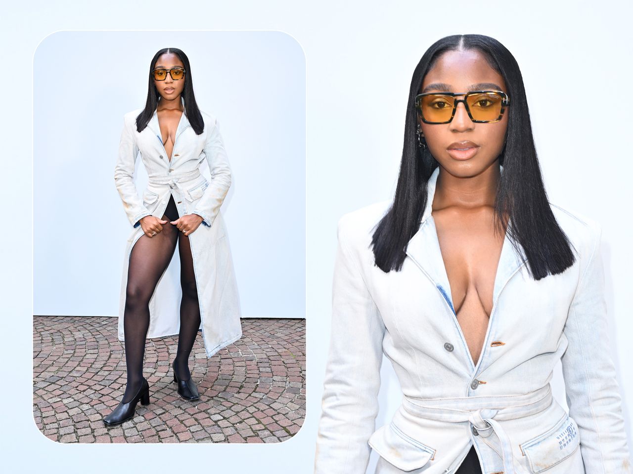 A person posing in stylish attire shown in two perspectives