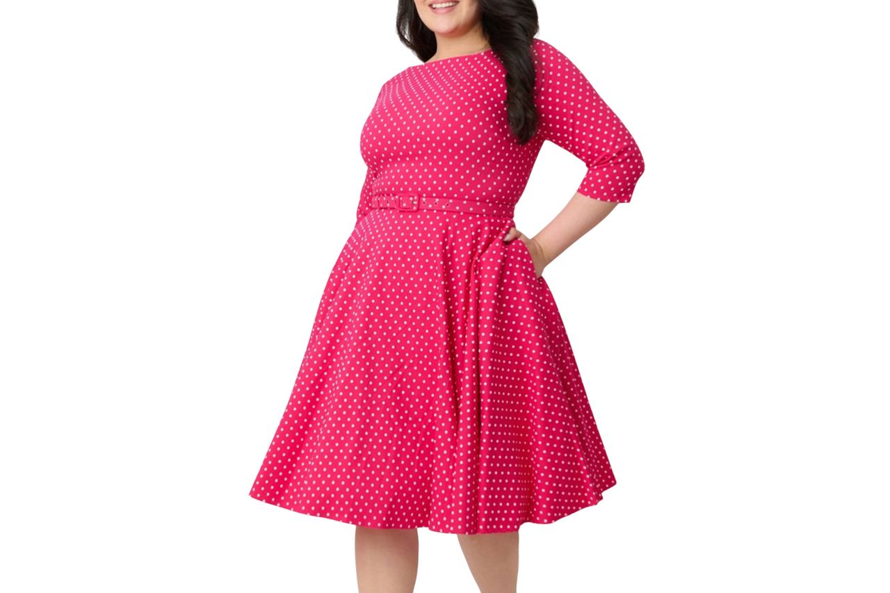 Unique Vintage Plus Size Hot Pink Pin Dot Devon Swing Dress