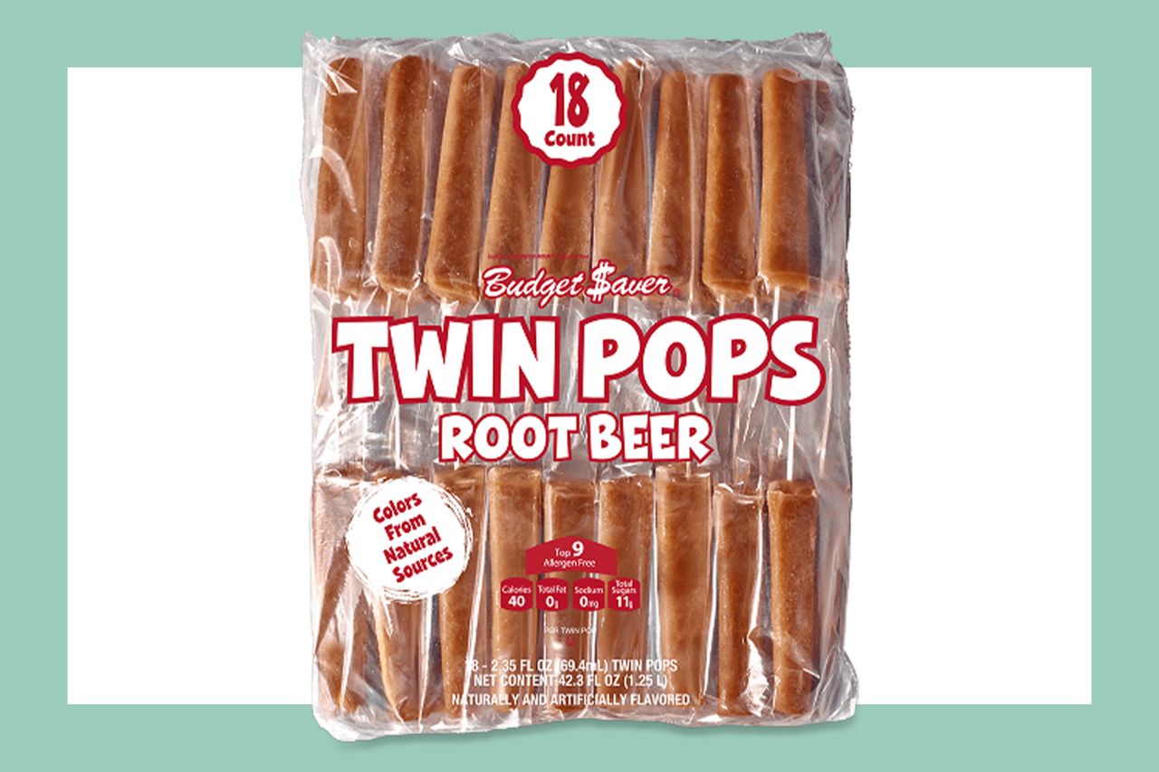 Package of Budget Saver Twin Pops root beerflavored frozen treats 18 count