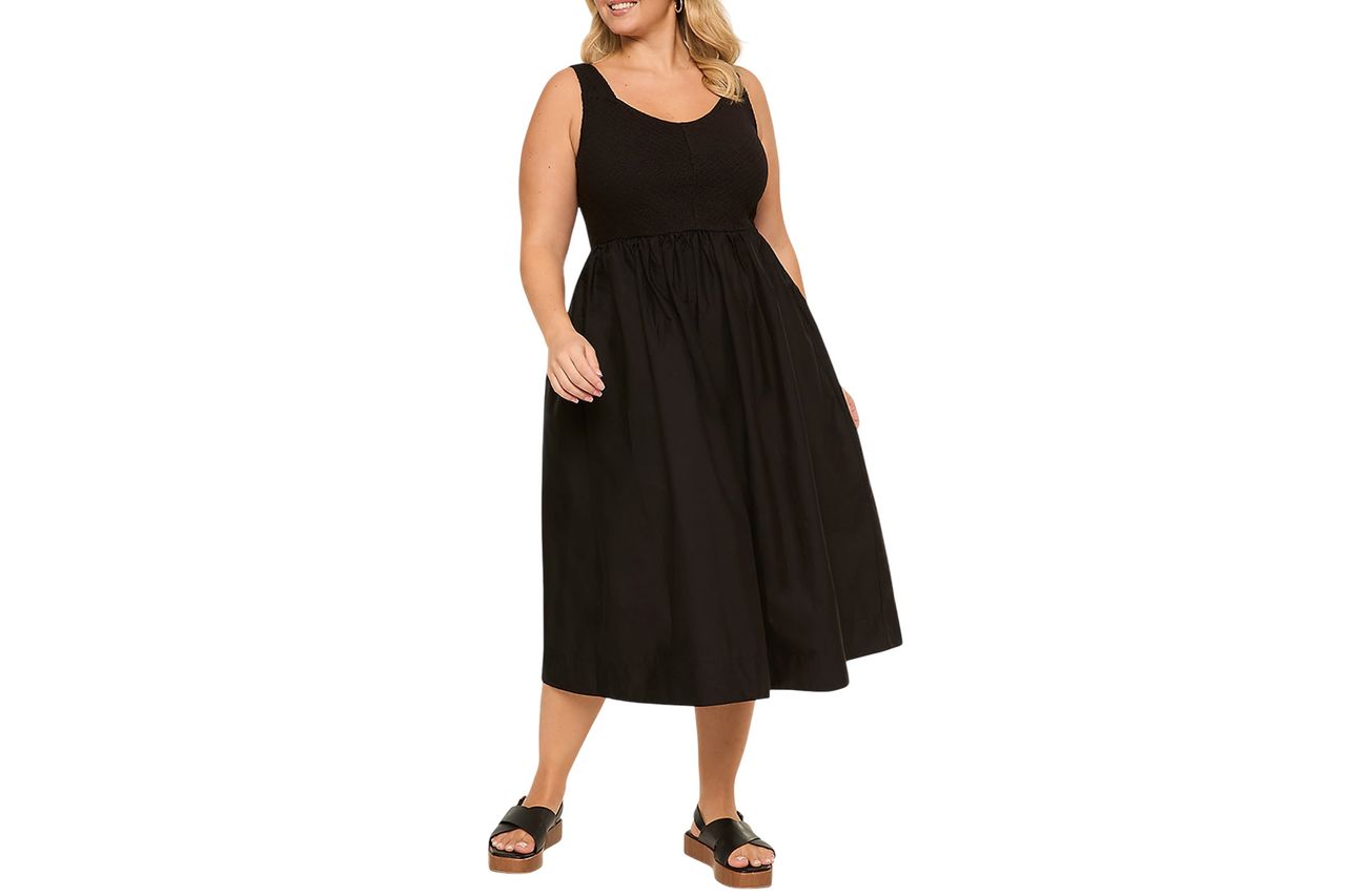 Lane Bryant V-Neck Smocked-Bodice Midi Dress