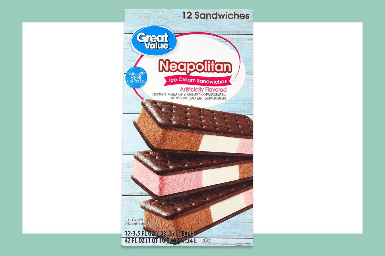 Packaging of Great Value Neapolitan Ice Cream Sandwiches 12 count
