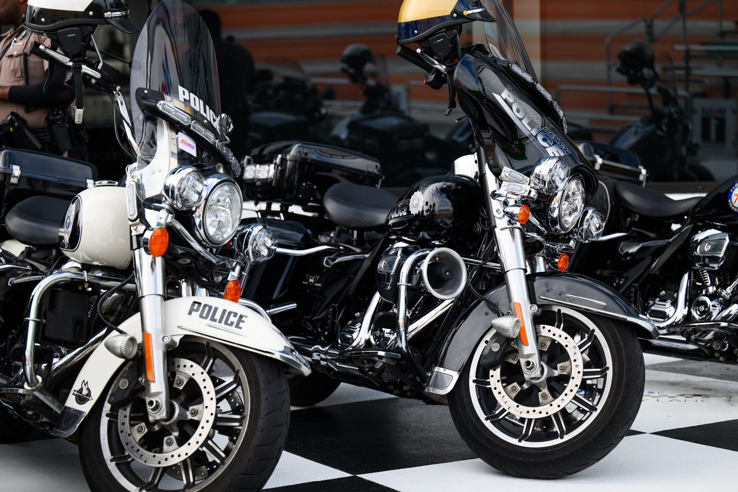 Motorcycles from the Daytona Beach Police Department are set for a photo on Victory Lane before the announcement of Operation Southern Slow Down 2026, Monday, July 13, 2026, at the Daytona International Speedway.